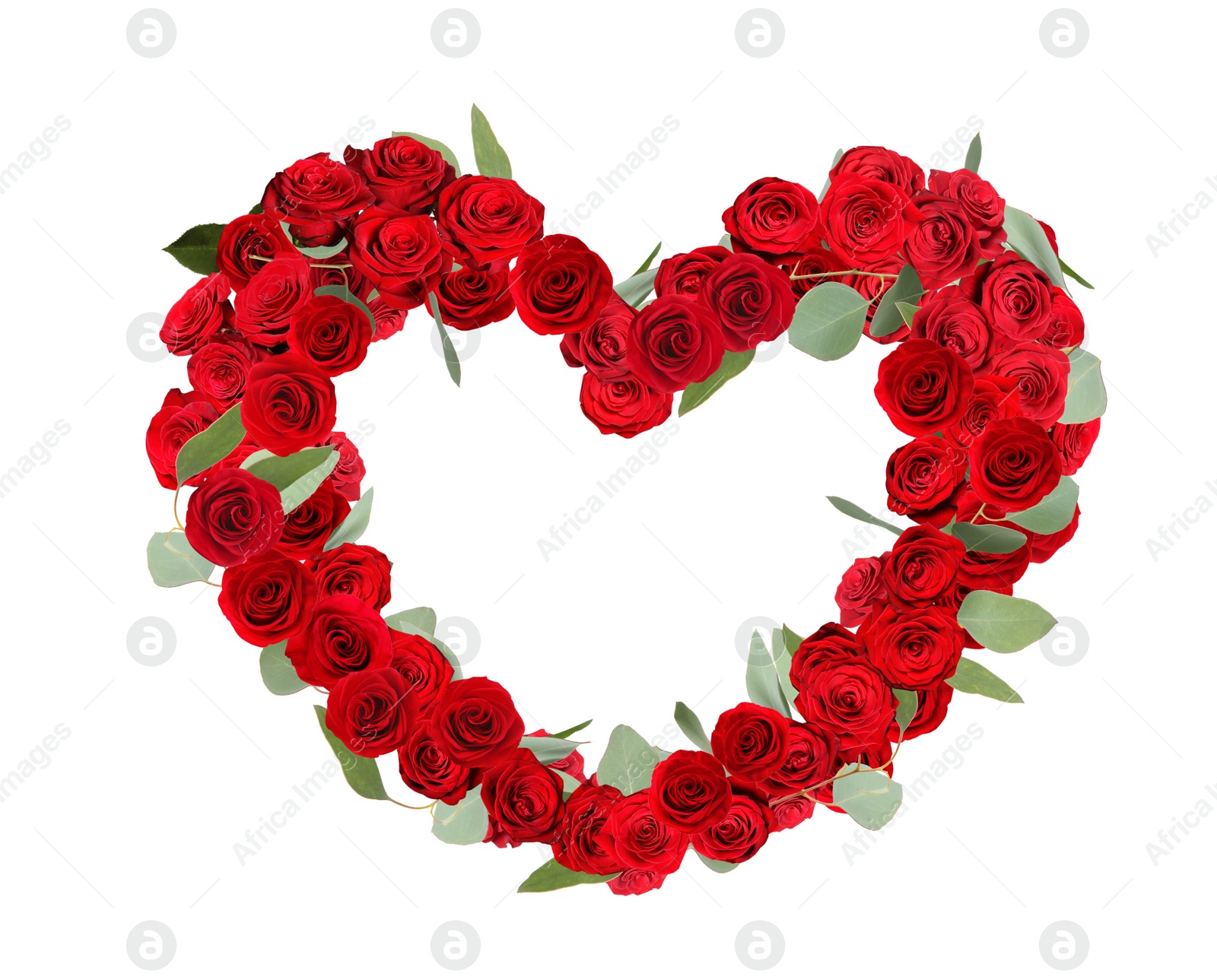 Image of Heart made of beautiful red roses on white background