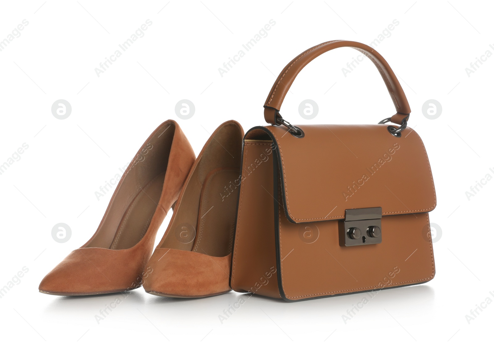 Photo of Stylish woman's bag and shoes isolated on white