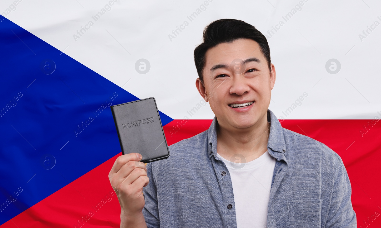 Image of Immigration. Happy man with passport against national flag of Czech Republic, space for text. Banner design
