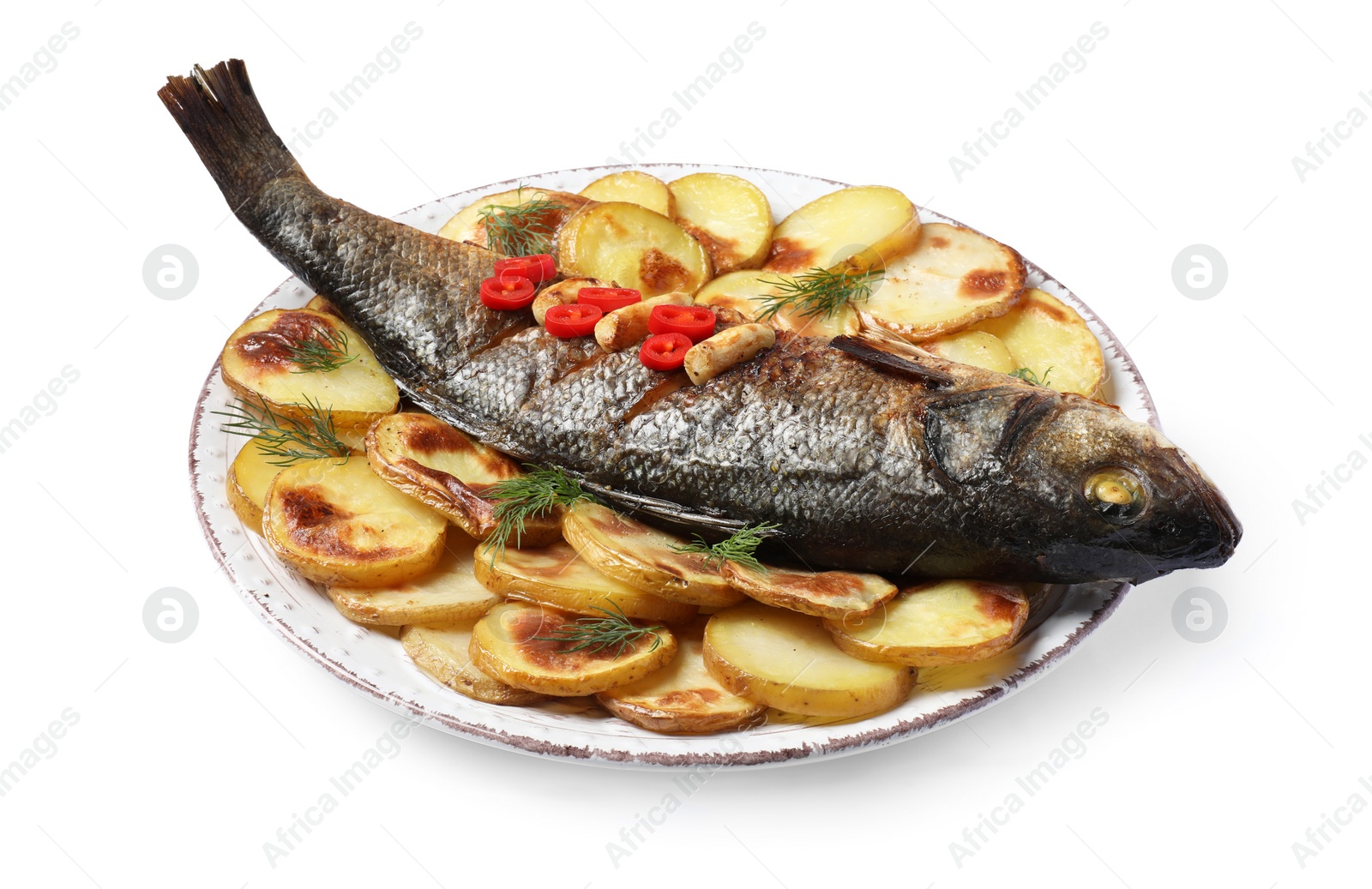 Photo of Plate with delicious roasted sea bass fish and potatoes on white background