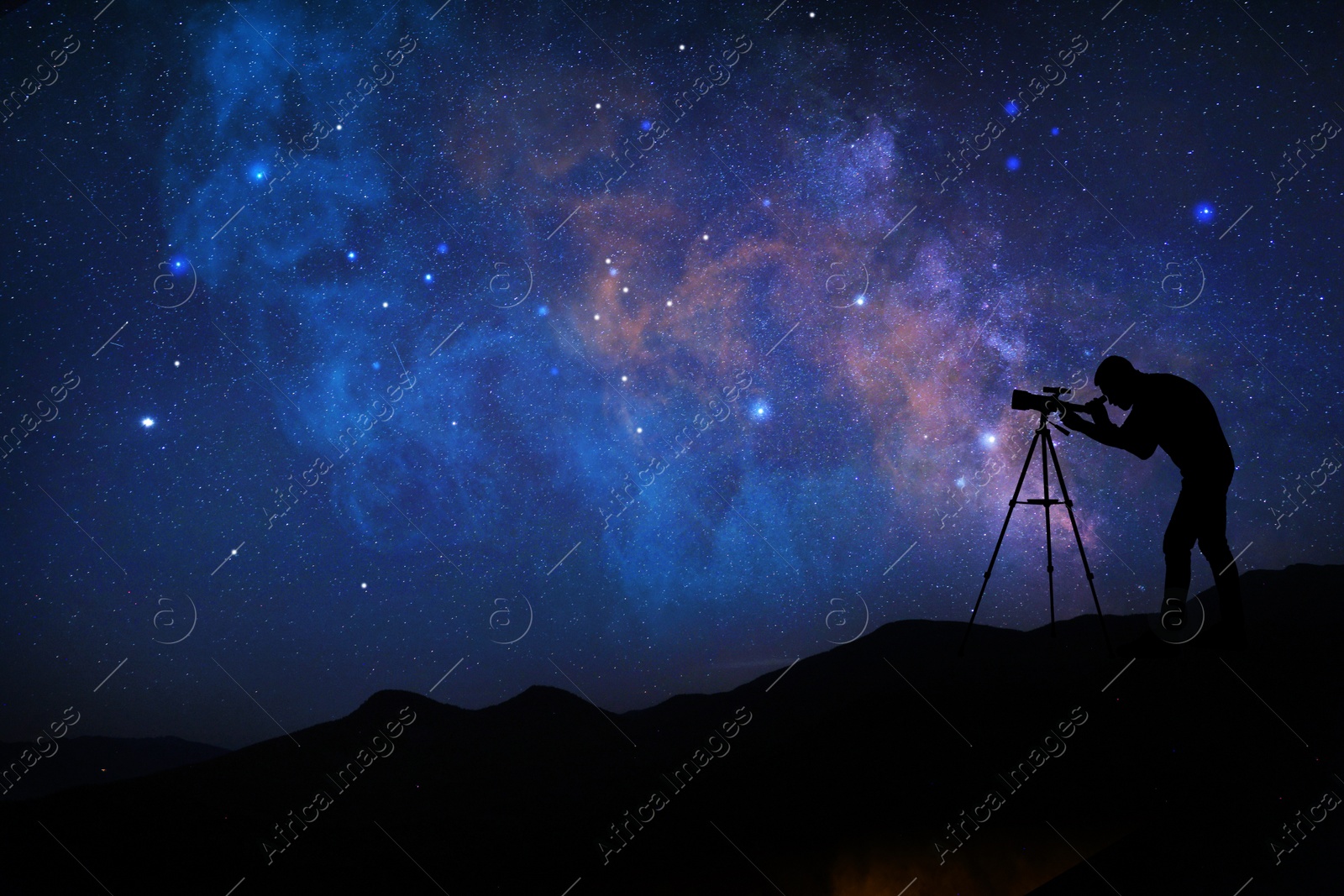 Image of Astronomer looking at starry sky through telescope outdoors. Space for text
