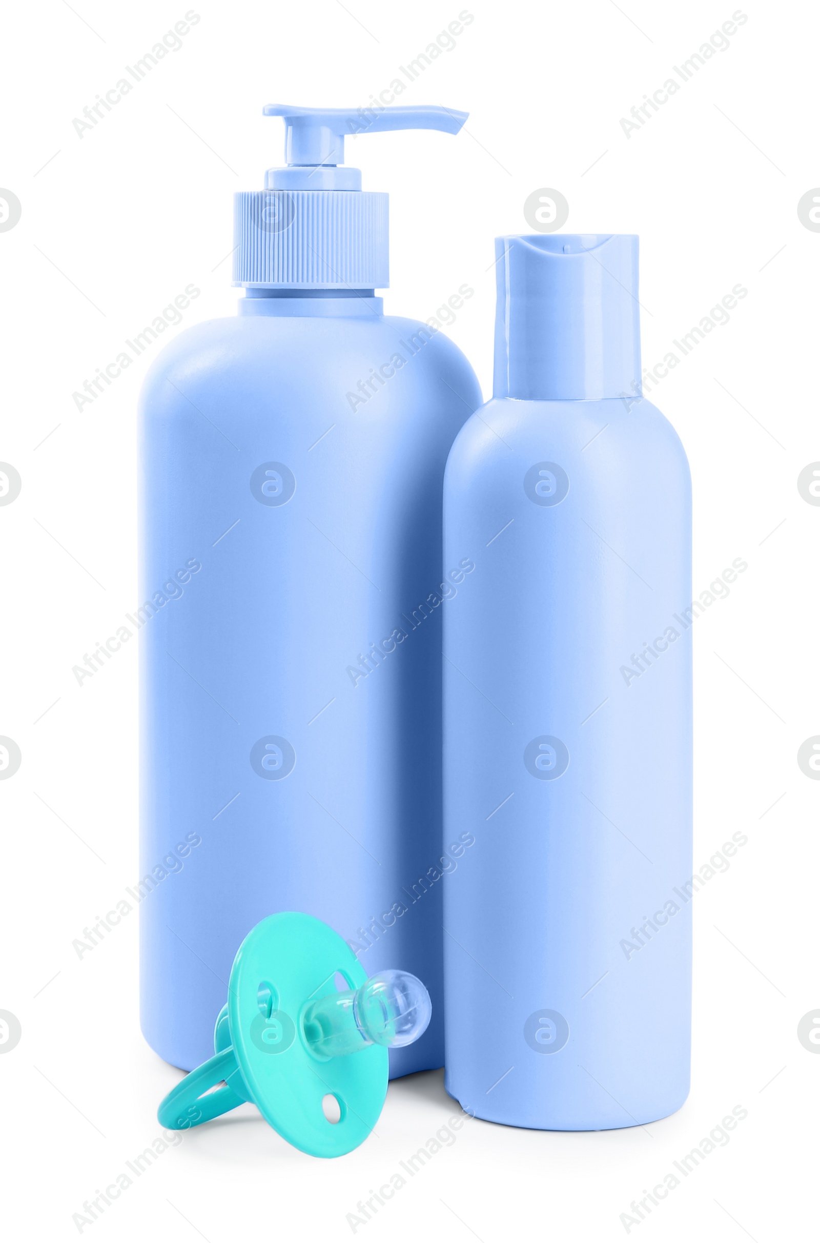 Photo of Skin care products for baby in bottles and pacifier isolated on white