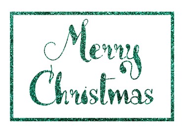 Glittery green text Merry Christmas in frame on white background