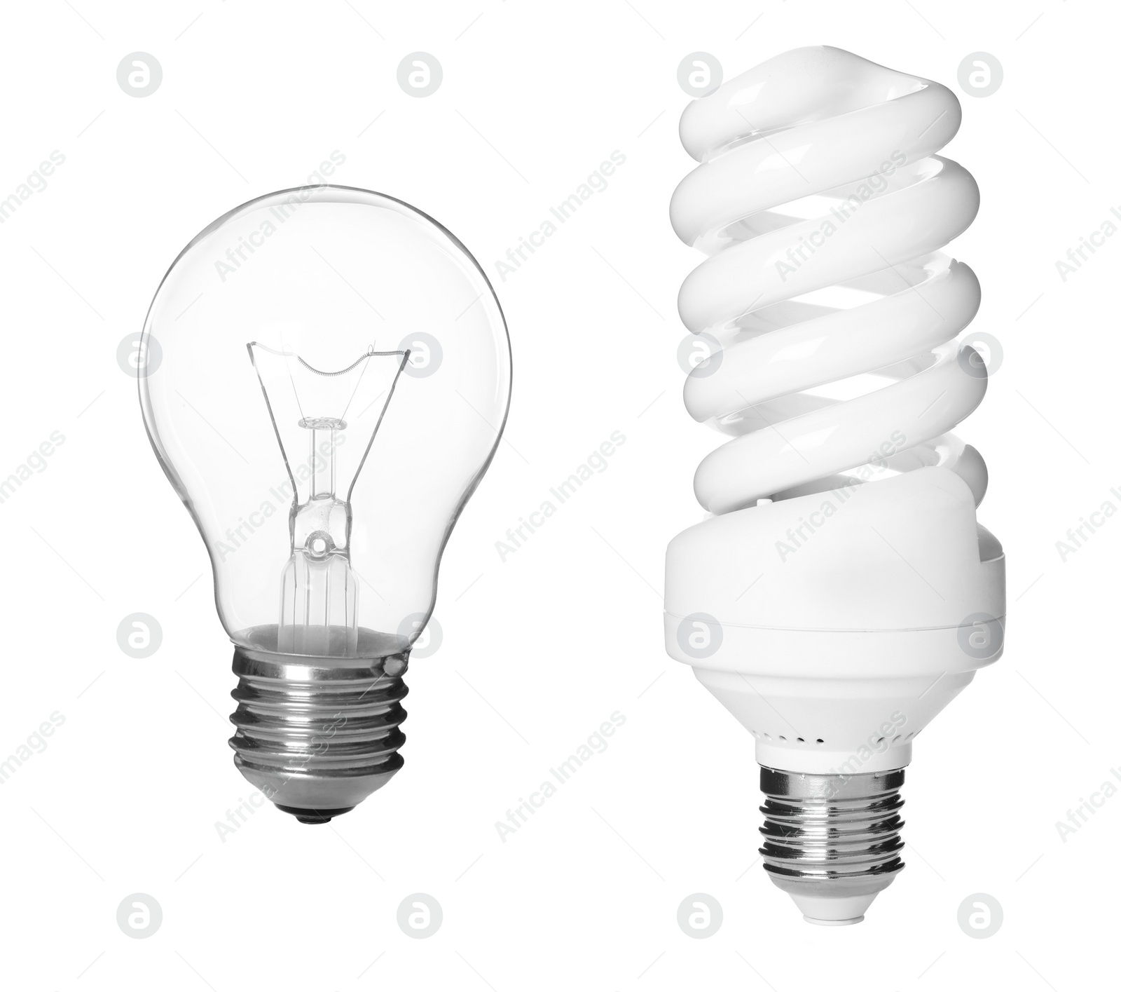 Image of Comparison of two different light bulbs on white background, collage