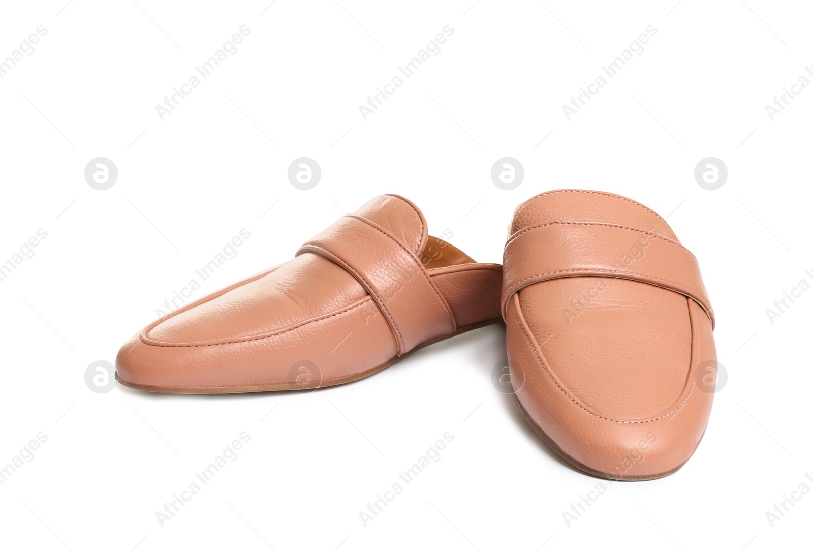 Photo of Stylish female shoes on white background. Trendy footwear