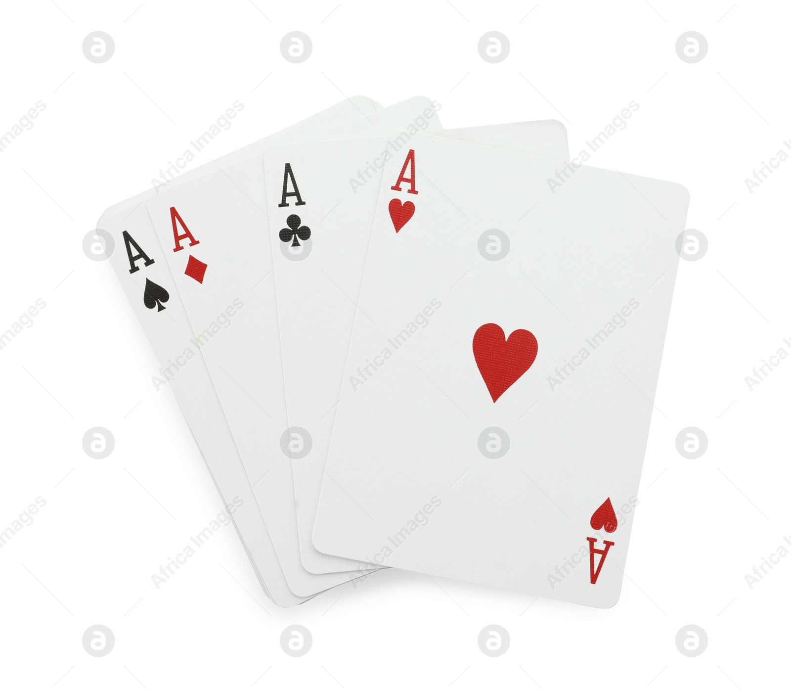 Photo of Four aces playing cards on white background, top view