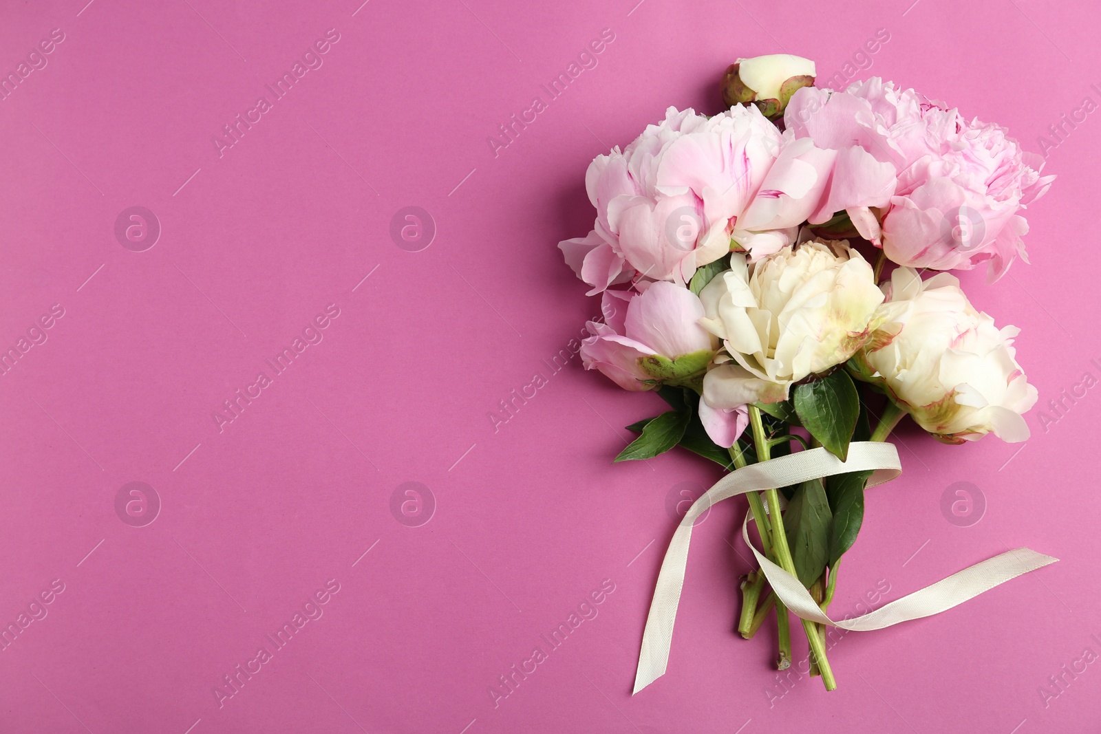 Photo of Bouquet of beautiful peonies with ribbon on pink background, flat lay. Space for text