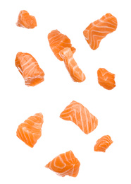 Set with pieces of fresh raw salmon on white background. Fish delicacy