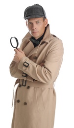 Male detective with magnifying glass on white background