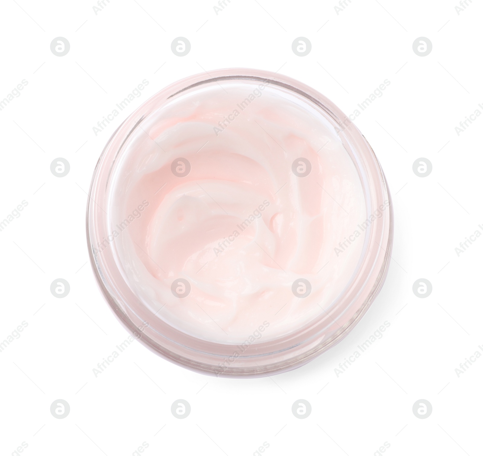 Photo of Jar of face cream isolated on white, top view