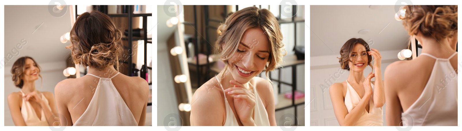 Image of Woman with beautiful hairstyling near mirror in salon, collage design