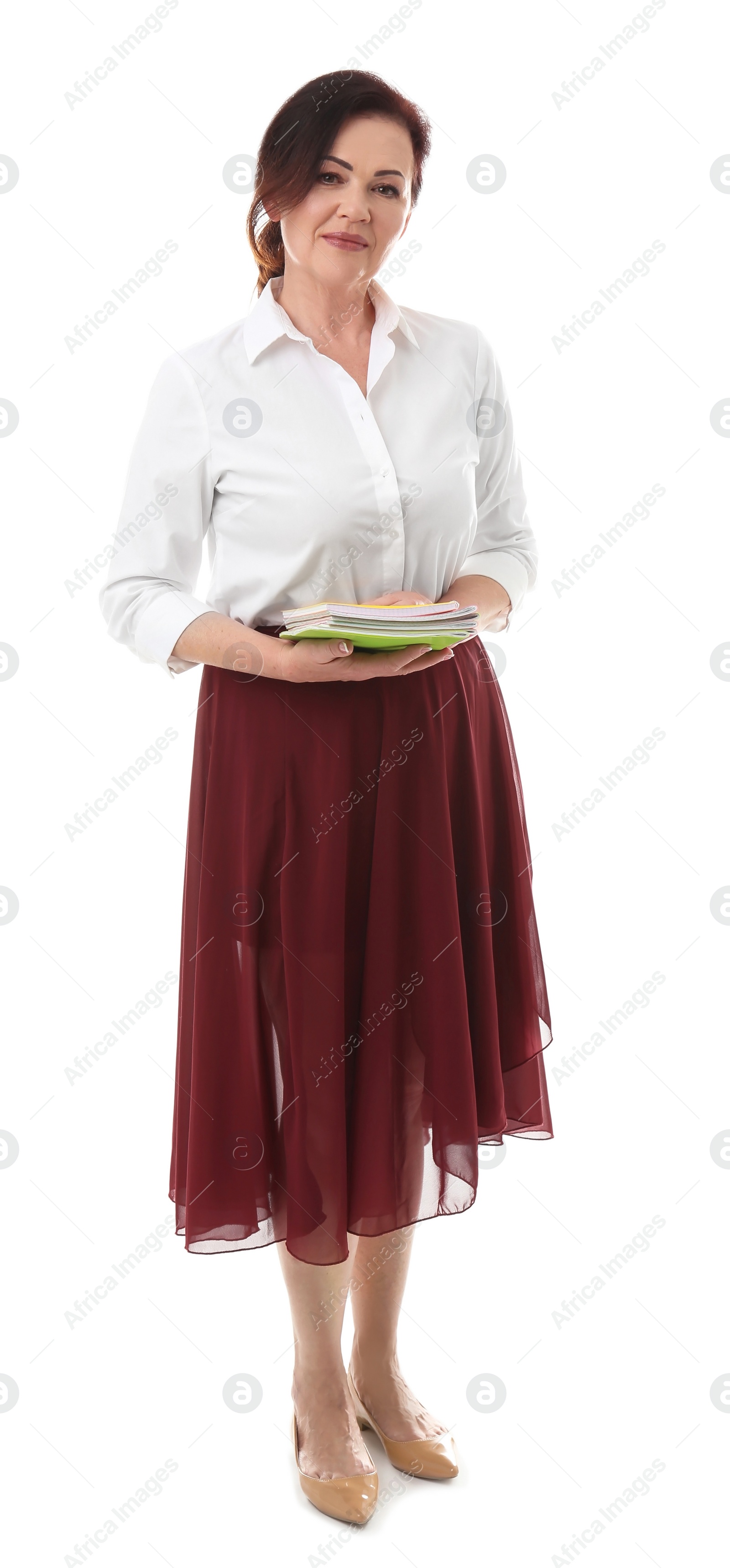 Photo of Female teacher with notebooks on white background