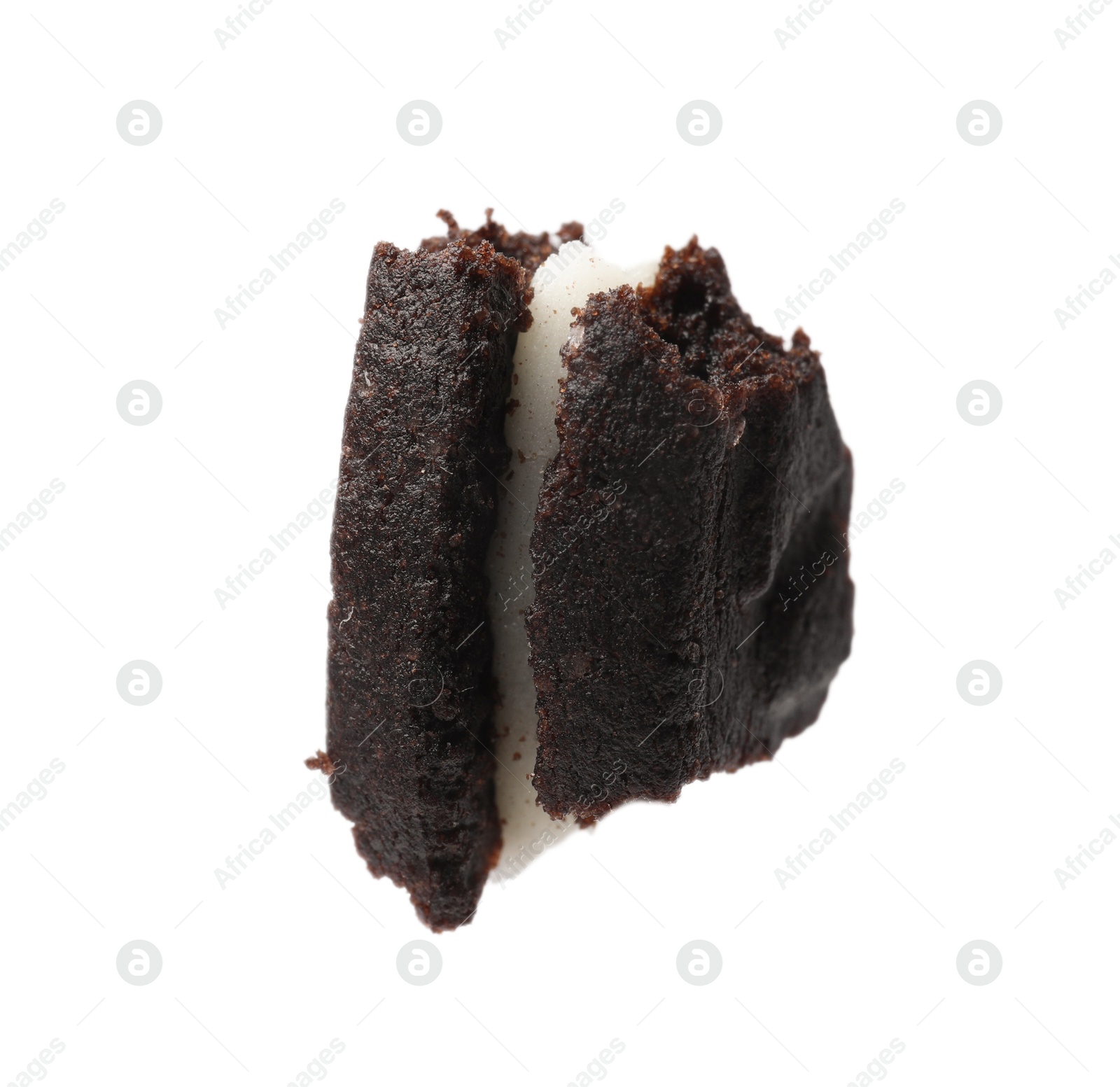 Photo of Piece of tasty sandwich cookie isolated on white