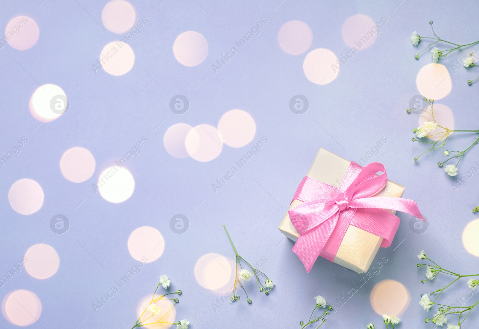 Image of Flat lay composition with flowers and gift on light blue background. Happy Valentine's day