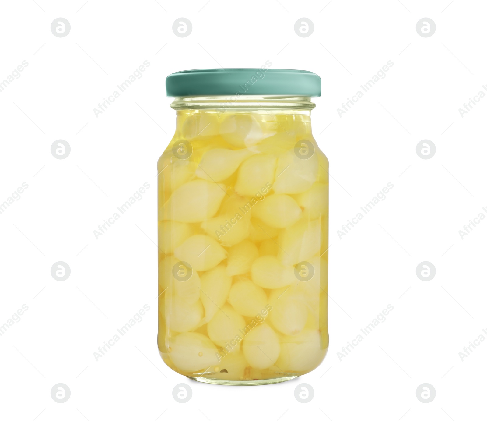 Photo of Glass jar with pickled onions isolated on white