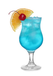 Fresh alcoholic Blue Lagoon cocktail isolated on white