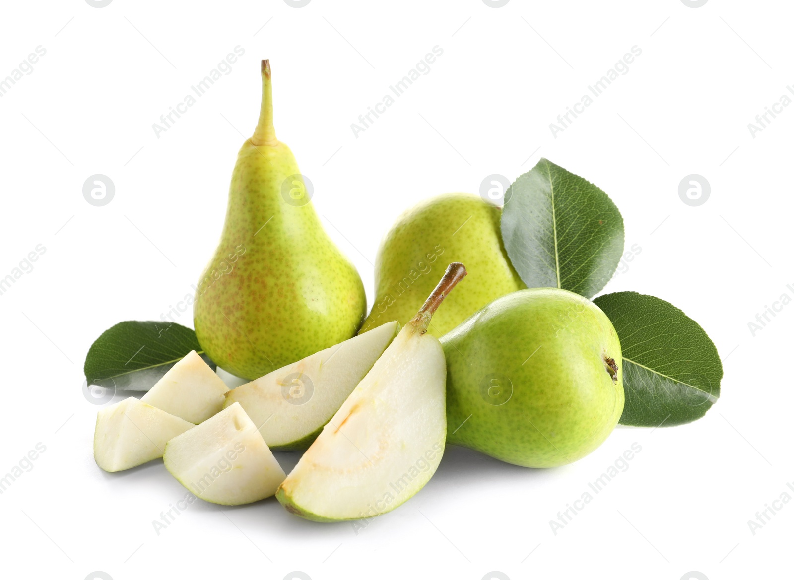 Photo of Whole and sliced pears on white background