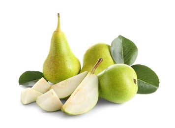 Whole and sliced pears on white background