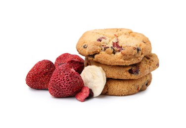 Photo of Cookies and freeze dried fruits isolated on white