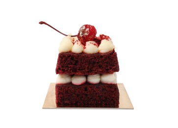 Photo of Piece of delicious red velvet cake on white background