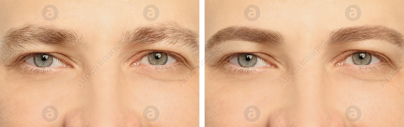 Image of Collage with photos of man before and after eyebrow modeling, closeup. Banner design