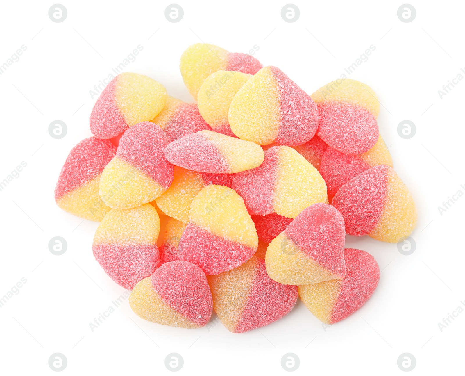 Photo of Pile of tasty colorful jelly candies on white background, top view