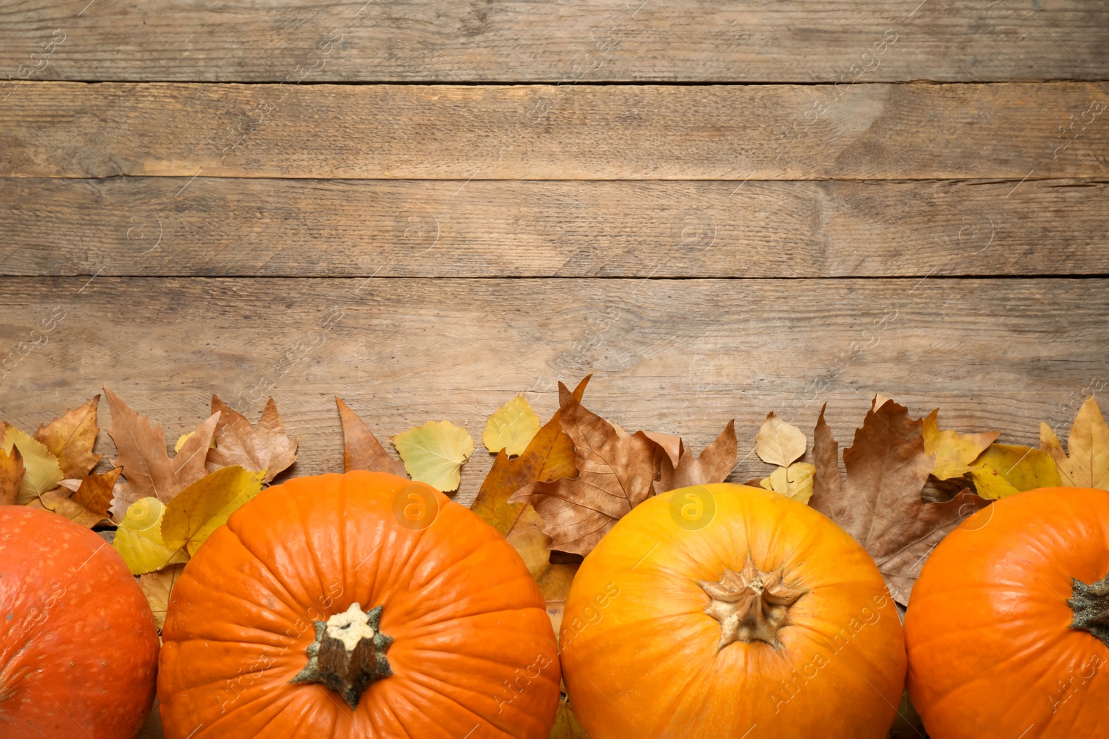 Photo of Flat lay composition with pumpkins and autumn leaves on wooden table. Space for text