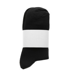 Photo of New pair of black cotton socks on white background, top view
