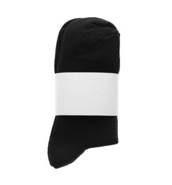 New pair of black cotton socks on white background, top view