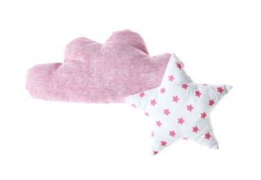 Cloud and star shaped decorative pillows on white background