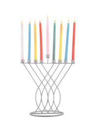 Photo of Hanukkah celebration. Menorah with colorful candles isolated on white