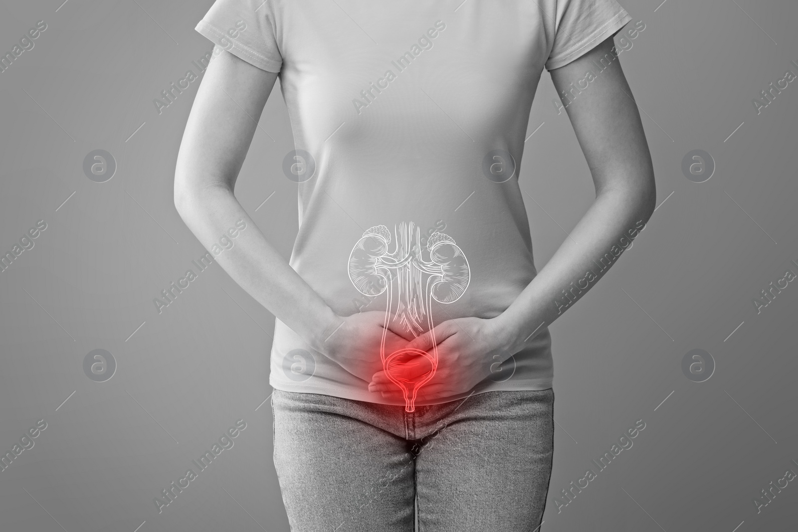 Image of Woman suffering from cystitis on light grey background, closeup. Illustration of urinary system