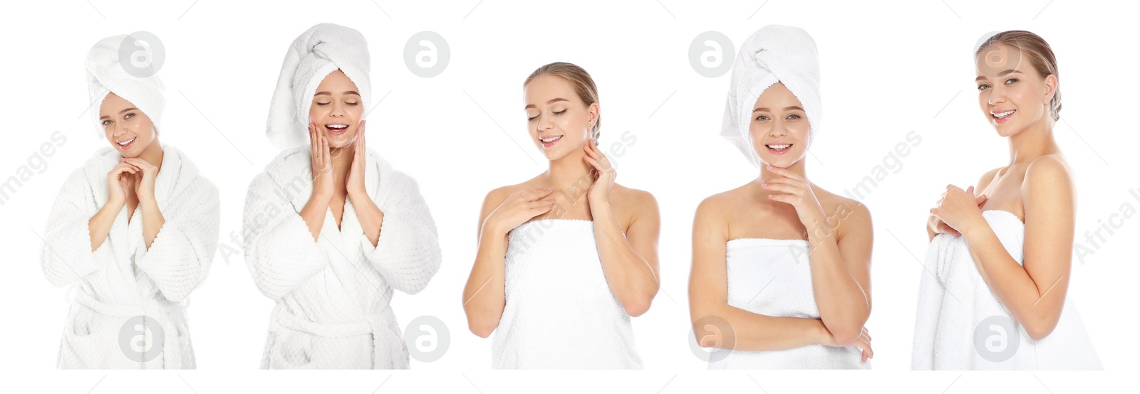 Image of Beautiful woman with towel on white background, collage. Banner design