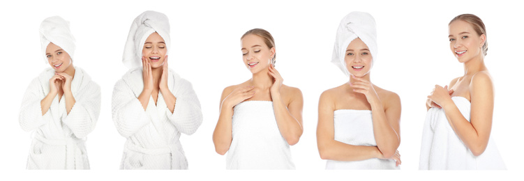 Image of Beautiful woman with towel on white background, collage. Banner design