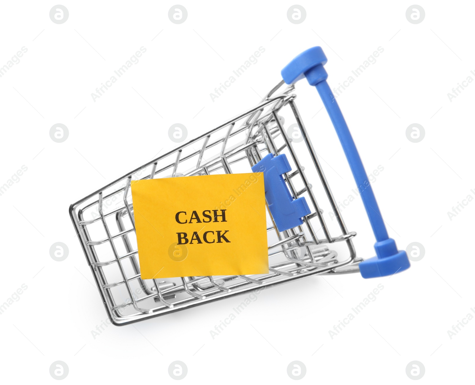 Photo of Card with word Cashback in shopping cart isolated on white, top view