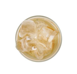 Photo of Glass of tasty ginger ale with ice cubes isolated on white, top view