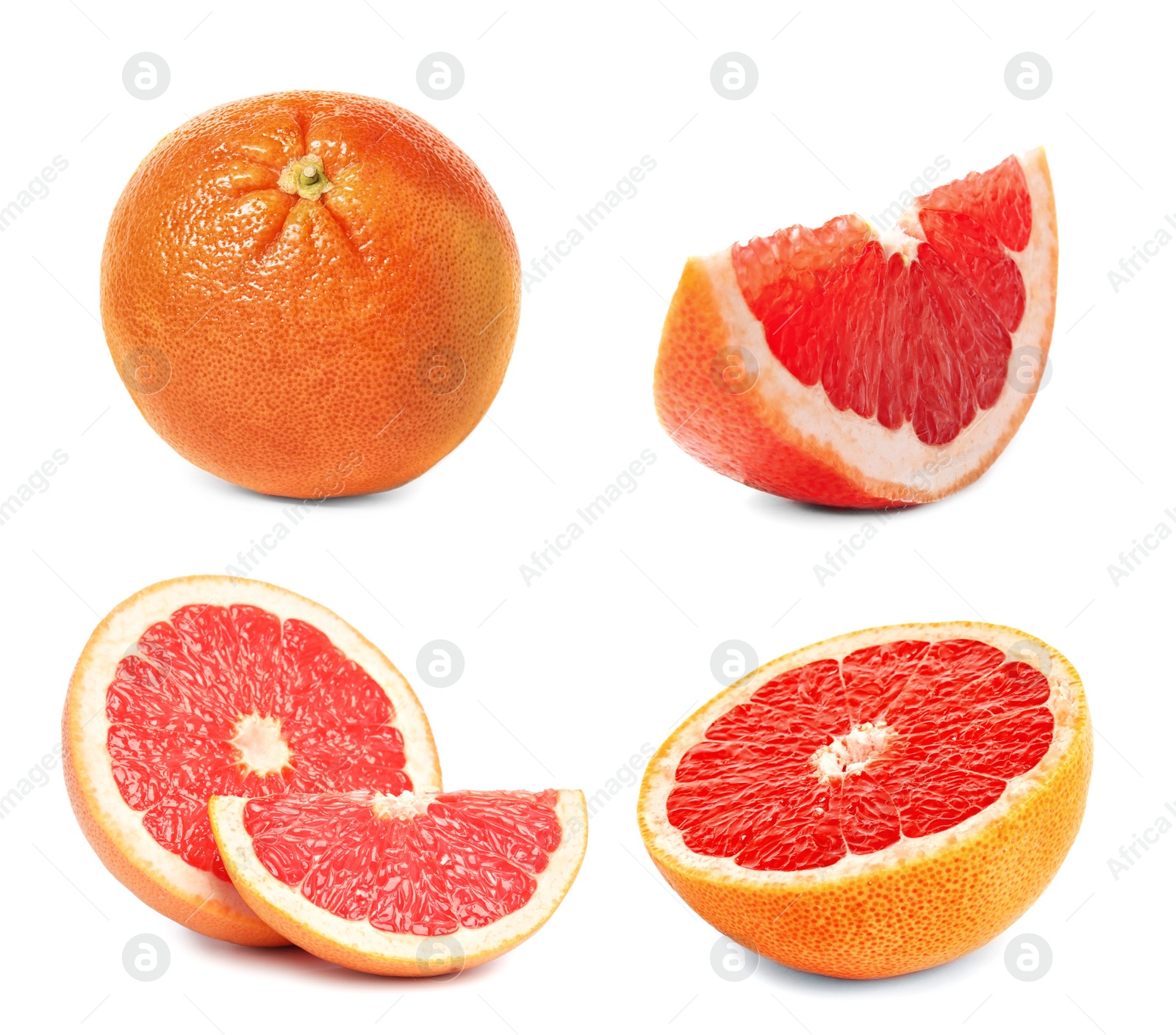 Image of Set with whole and cut ripe juicy grapefruits on white background