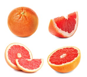 Set with whole and cut ripe juicy grapefruits on white background