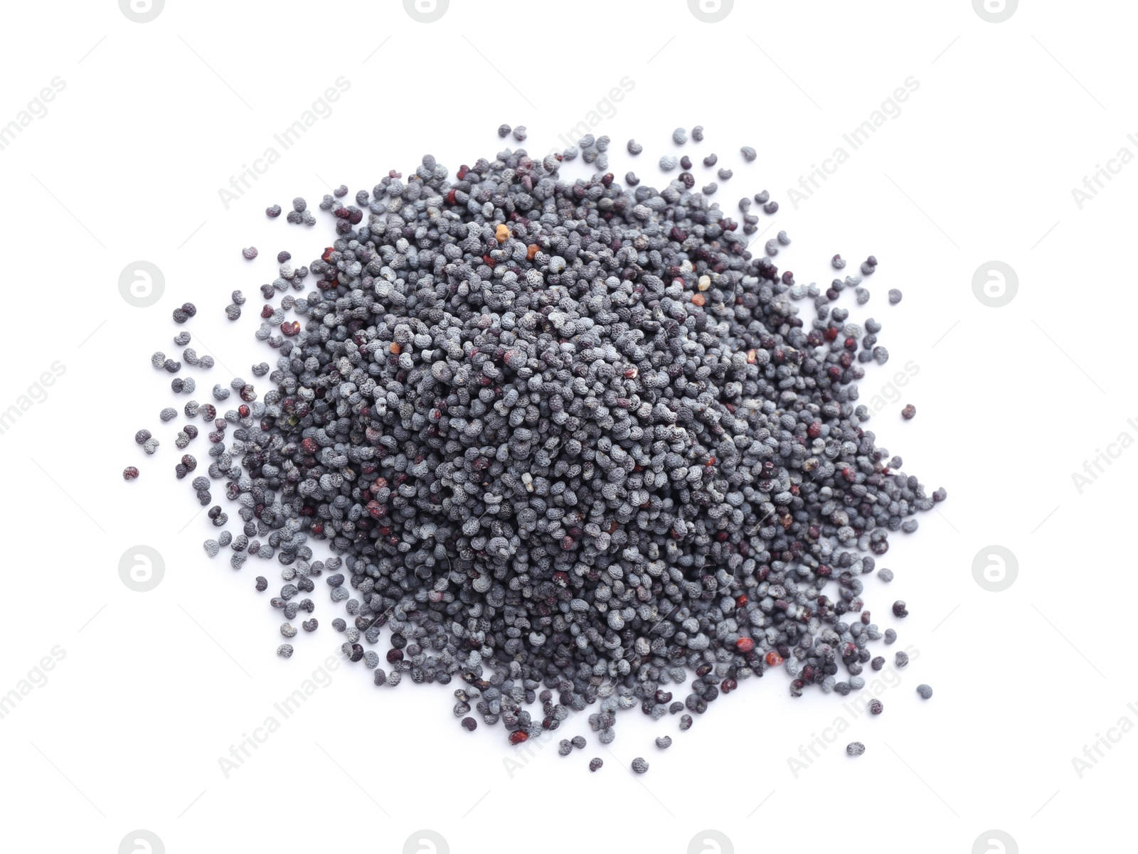 Photo of Pile of dry poppy seeds isolated on white, top view