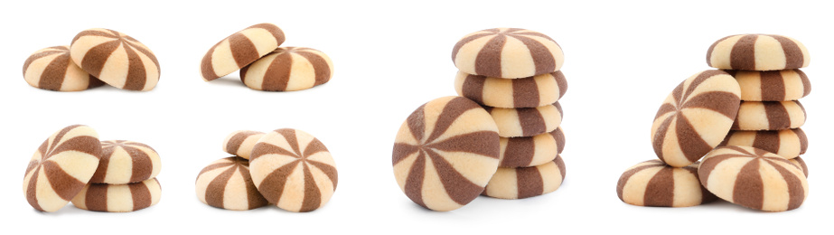 Image of Set of delicious striped cookies on white background. Banner design 