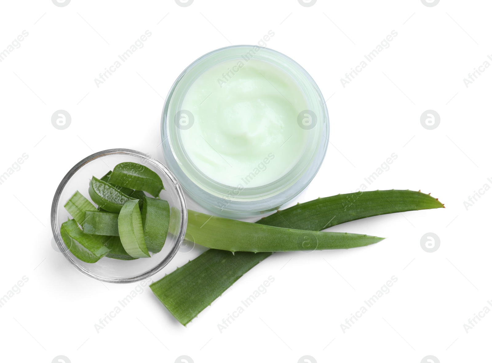 Photo of Jar of body cream with aloe on white background, top view