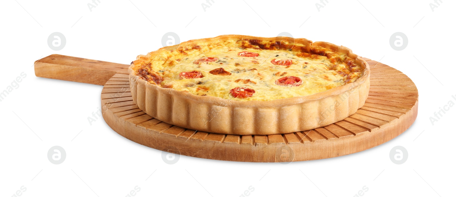 Photo of Delicious quiche with cheese and tomatoes isolated on white