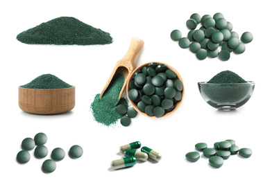 Set of spirulina algae powder and pills on white background