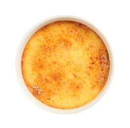 Delicious creme brulee in ceramic ramekin isolated on white, top view