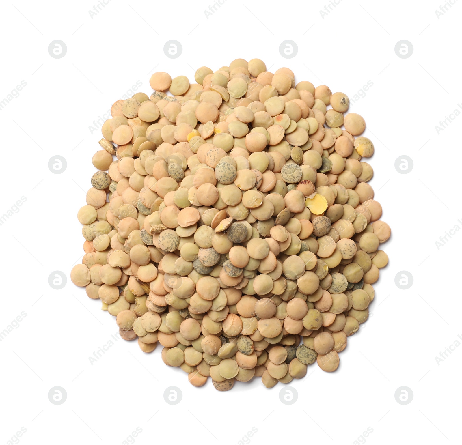 Photo of Pile of raw lentils isolated on white, top view