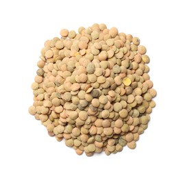Photo of Pile of raw lentils isolated on white, top view