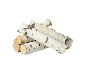Photo of Pile of cut firewood isolated on white