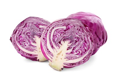 Whole and cut red cabbages on white background