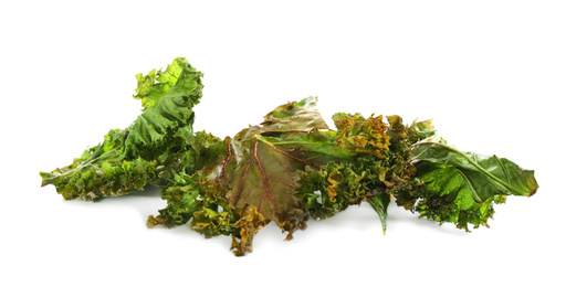 Photo of Tasty baked kale chips isolated on white