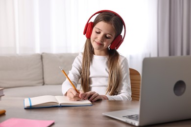 Photo of E-learning. Cute girl taking notes during online lesson at table indoors